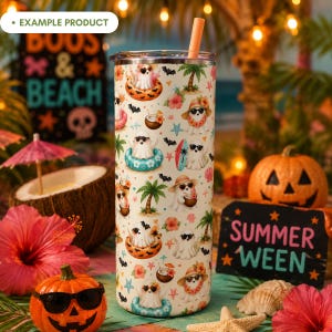 Summerween Beach Ghost tumbler mockup with a cute tropical Halloween seamless pattern featuring watercolor ghosts, sunglasses, palm trees, bats, starfish, seashells, coconut drinks, surfboards, flamingo floaties, coral flowers and aqua accents in a festive beach party scene with pumpkins and warm lights.