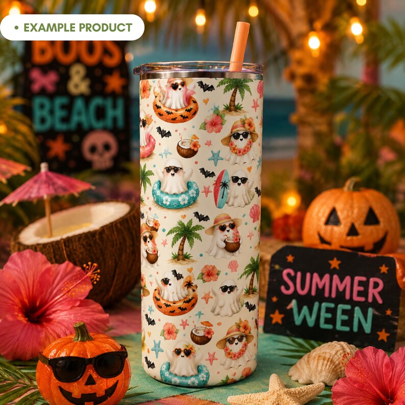 Summerween Beach Ghost tumbler mockup with a cute tropical Halloween seamless pattern featuring watercolor ghosts, sunglasses, palm trees, bats, starfish, seashells, coconut drinks, surfboards, flamingo floaties, coral flowers and aqua accents in a festive beach party scene with pumpkins and warm lights.