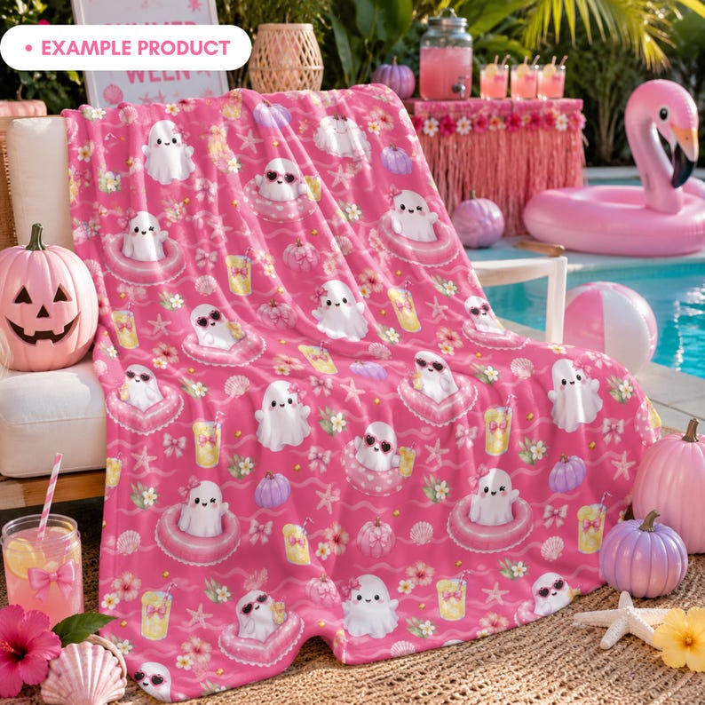 Example product mockup featuring a pink blanket with the Pink Summer Ghost Pool Party seamless pattern, displayed at a Summerween pool party with cute ghosts, heart floats, lemonade, pastel pumpkins, flowers, seashells, bows, starfish, tropical decor, and girly Halloween summer vibes.