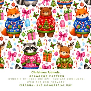 Könnte beinhalten: Ein nahtloses Muster mit Zeichentricktieren wie Füchsen, einem Bären, einem Waschbären und einem Reh in bunten Weihnachtspullovern. Das Design enthält Weihnachtsbäume, Geschenkkartons, Zuckerstangen, rosa Schleifen und Schneeflocken auf weißem Grund.