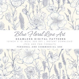 Blaue Blumenlinie Kunst-nahtlose Muster, Weinlese-botanische Skizze, Rosen-Wildblumen-Digital-Papier, eleganter Gewebe-Druck, Sahnehintergrund