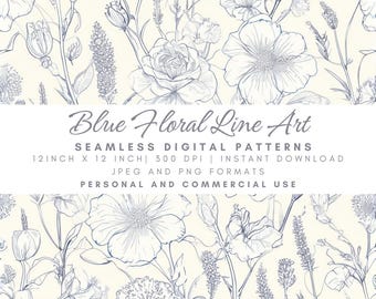 Blue Floral Line Art Seamless Pattern, Vintage Botanical Sketch, Rose Wildflower Digital Paper, Elegant Fabric Print, Cream Background