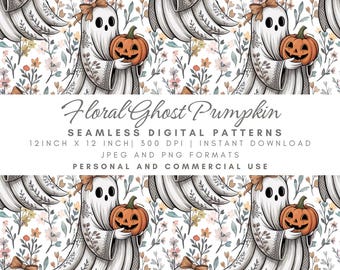 Floral Ghost Pumpkin Seamless Pattern, Fall Floral Halloween Digital Paper, Whimsical Spooky Fabric, Autumn Decor Print, Cute Ghost Pumpkin
