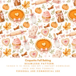 May include: A seamless pattern featuring watercolor illustrations of orange pumpkins, pies with heart-shaped crusts, pink cupcakes, whisks, rolling pins, cinnamon sticks, oven mitts, and autumn leaves, accented with small pink bows and hearts.