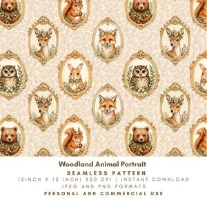 May include: A seamless pattern featuring watercolor portraits of woodland animals, including deer, foxes, squirrels, owls, and bears, within ornate gold frames. The design is set against a cream-colored background with a subtle leaf pattern. The text at the bottom reads "Woodland Animal Portrait" and "12 inch x 12 inch".