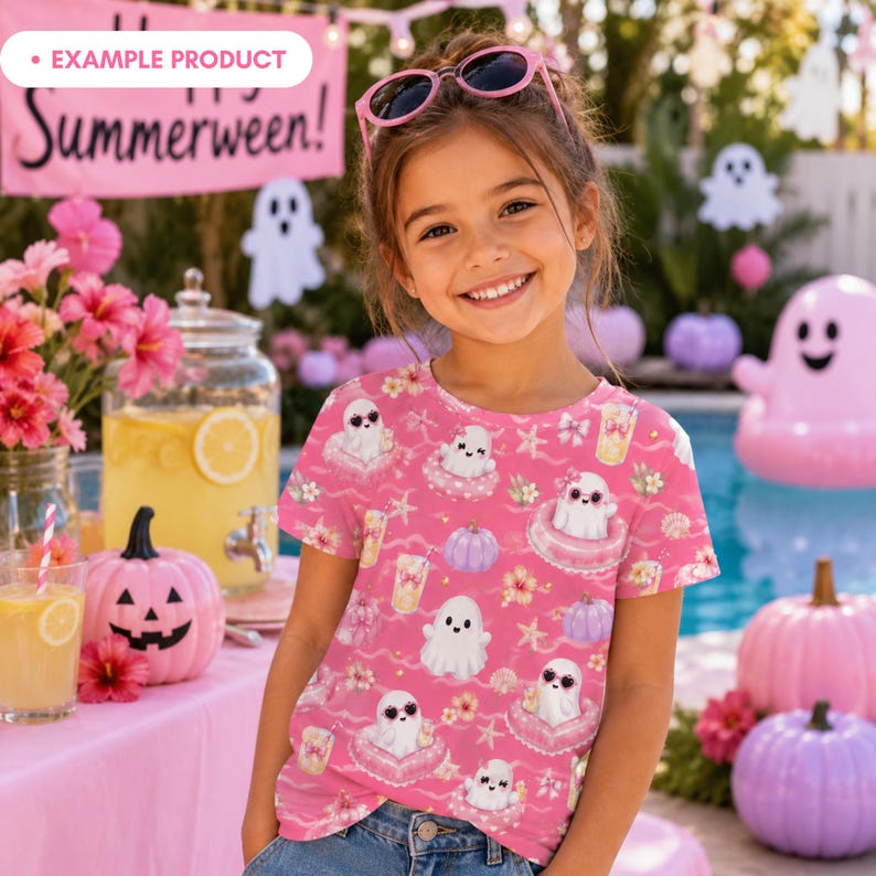 Example product mockup featuring a real girl wearing a pink T-shirt with the Pink Summer Ghost Pool Party seamless pattern, including cute ghosts, heart pool floats, lemonade, pastel pumpkins, shells, flowers, bows, and starfish. Summerween party scene with pool, pink decor, and girly Halloween vibe.