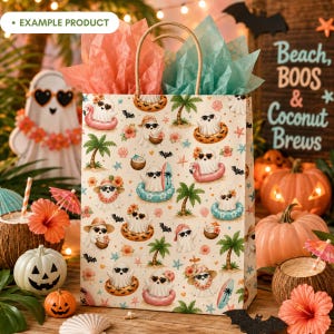 Summerween Beach Ghost gift bag mockup featuring a cute tropical Halloween seamless pattern with watercolor ghosts, sunglasses, palm trees, bats, starfish, seashells, coconut drinks, surfboards, flamingo floaties, coral flowers and aqua accents, styled with pumpkins, tissue paper and festive beach party decor.
