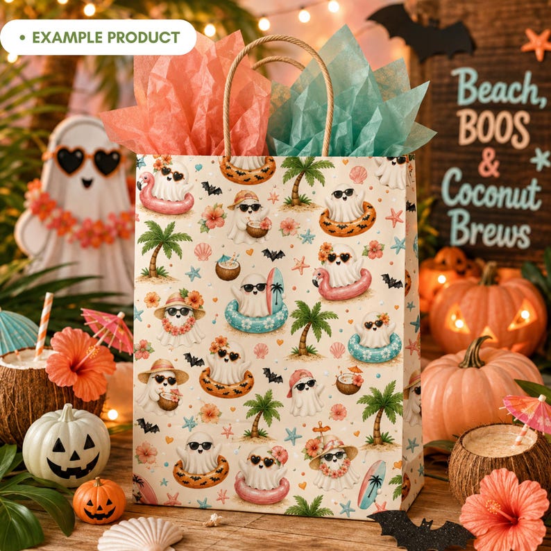 Summerween Beach Ghost gift bag mockup featuring a cute tropical Halloween seamless pattern with watercolor ghosts, sunglasses, palm trees, bats, starfish, seashells, coconut drinks, surfboards, flamingo floaties, coral flowers and aqua accents, styled with pumpkins, tissue paper and festive beach party decor.
