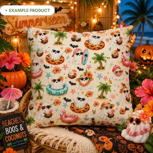 Summerween Beach Ghost pillow mockup featuring a cute tropical Halloween seamless pattern with watercolor ghosts, sunglasses, palm trees, bats, starfish, seashells, coconut drinks, surfboards, flamingo floaties, coral flowers and aqua accents in a festive beach party scene with pumpkins and warm lights.