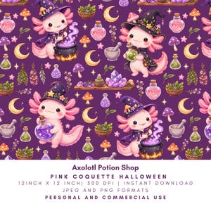 May include: A seamless pattern featuring pink axolotls wearing witch hats, stirring cauldrons, and holding potion bottles on a dark purple background with moons, mushrooms, and crystals. Text reads: Axolotl Potion Shop, PINK COQUETTE HALLOWEEN, 12 INCH X 12 INCH, 300 DPI, INSTANT DOWNLOAD, JPEG AND PNG FORMATS, PERSONAL AND COMMERCIAL USE.