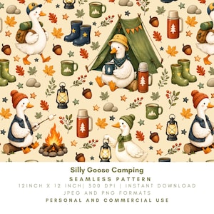 May include: A seamless pattern featuring white geese camping in a forest setting. The design includes geese wearing hats and scarves, tents, campfires, lanterns, thermoses, mugs, acorns, and autumn leaves on a light cream background.