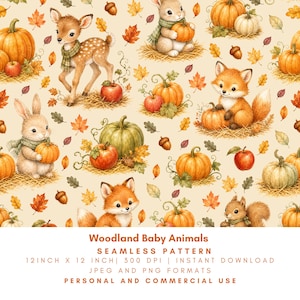Woodland Baby Animals Seamless Pattern, Thanksgiving Pumpkins, Fox Bunny Deer Squirrel, Autumn Watercolor Nursery Digital Paper, PNG JPG