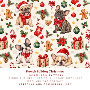 Può includere: Un motivo senza cuciture con bulldog francesi, omini di pan di zenzero, calze rosse, regali, bastoncini di zucchero, pigne e decorazioni natalizie su sfondo crema. Il testo recita: French Bulldog Christmas SEAMLESS PATTERN.