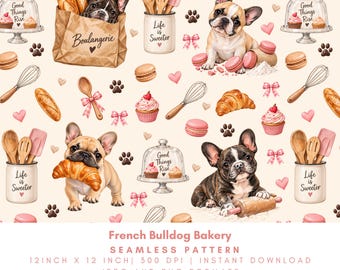 French Bulldog Bakery Seamless Pattern, Frenchie Baking Digital Paper, Croissant Macaron Dog Pattern, PNG JPG Commercial Use