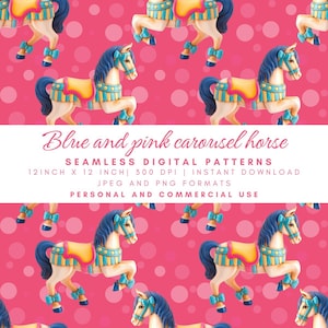 Blue and pink carousel horse Seamless Pattern, Pink Circus Digital Paper, Blue Gold Elegant Print, Carnival Fabric, Kids Room Decor,Fun Fair