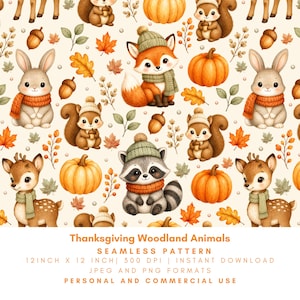 May include: A seamless pattern featuring cartoon woodland animals including a fox, raccoon, squirrels, and deer wearing knit hats and scarves, interspersed with orange pumpkins, acorns, and autumn leaves on a cream background with text below.