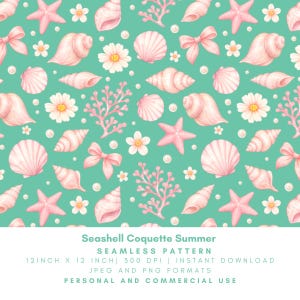 Op de afbeelding: Een naadloos patroon met roze schelpen, zeesterren, strikken, koraal en bloemen op een turquoise achtergrond. Het patroon bevat de tekst "Seashell Coquette Summer" en is 30,48 cm bij 30,48 cm.