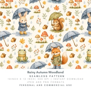May include: A seamless pattern featuring a rabbit, squirrel, fox, and frog in a rainy autumn woodland setting. The design includes mushrooms, acorns, maple leaves, and blue umbrellas. Text reads: Rainy Autumn Woodland SEAMLESS PATTERN 12 INCH X 12 INCH 300 DPI INSTANT DOWNLOAD JPEG AND PNG FORMATS PERSONAL AND COMMERCIAL USE.