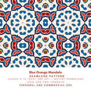 Blue & Orange Mandala Tile Seamless Pattern, Moroccan Floral Geometric Repeat, 12x12 PNG JPG, 300 DPI, Digital Download