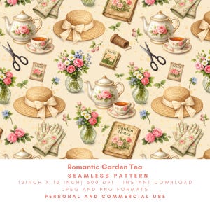 Patrón sin costuras de té de jardín romántico, tetera floral vintage, taza de té estilo cottagecore, sombrero de jardinería, papel digital de rosas