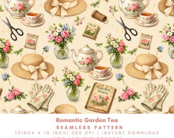 Romantic Garden Tea Seamless Pattern, Vintage Floral Teapot, Cottagecore Tea Cup, Gardening Hat, Roses Digital Paper