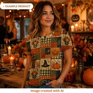Woman wearing an autumn Halloween patchwork T-shirt featuring pumpkins, witch hats, floral mugs, plaid blocks, leaves, stars and crescent moons in burnt orange, navy, olive green, cream and mustard. She stands at a cozy fall party with candles, pumpkins and seasonal foliage. Example product mockup created with AI.
