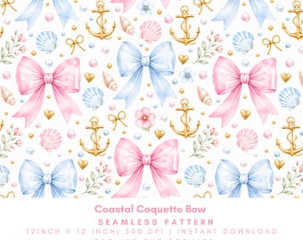 Coastal Coquette Bow Seamless Pattern, Nautical Pink Blue Summer Digital Paper, Seashell Anchor Pearl Background, PNG JPG