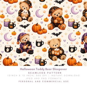 May include: A seamless pattern featuring teddy bears in pajamas, pumpkins, bats, purple candles, and mugs with ghost designs. The text reads: Halloween Teddy Bear Sleepover, SEAMLESS PATTERN, 12 INCH X 12 INCH, 300 DPI, INSTANT DOWNLOAD, JPEG AND PNG FORMATS, PERSONAL AND COMMERCIAL USE.