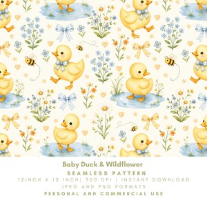 May include: A seamless pattern featuring yellow baby ducks, blue gingham bows, small bees, and wildflowers on a cream background. The text reads: Baby Duck & Wildflower SEAMLESS PATTERN 12 INCH X 12 INCH | 300 DPI | INSTANT DOWNLOAD JPEG AND PNG FORMATS PERSONAL AND COMMERCIAL USE