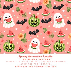 May include: Seamless pattern featuring a repeating design of a smiling ghost holding watermelon slices, jack-o'-lantern watermelons, bats, hibiscus flowers, and stars on a coral background. The text "Spooky Watermelon Pumpkin" is at the bottom. The pattern is 12 inches by 12 inches.