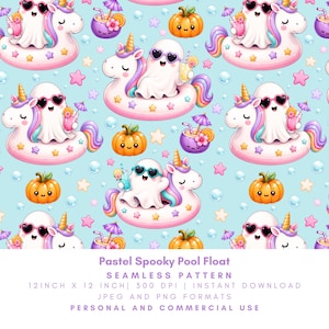 May include: A seamless pattern with cartoon ghosts in heart-shaped sunglasses on unicorn pool floats, alongside pumpkins, cocktails, stars, and bubbles. The background is light blue. The text "Pastel Spooky Pool Float" is at the bottom of the image.