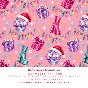 May include: A seamless pattern on a pink background featuring disco balls with red Santa hats, shiny platform boots in pink and blue, purple gift boxes with bows, strings of colorful Christmas lights, and white star-shaped snowflakes.