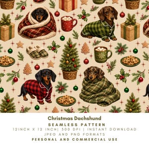 Puede incluir: Patrón continuo con perros salchicha en pijama de cuadros o envueltos en mantas, árboles de Navidad, regalos, tazas de chocolate caliente, galletas y acebo sobre fondo beige. Texto: Christmas Dachshund SEAMLESS PATTERN 12 INCH X 12 INCH 300 DPI INSTANT DOWNLOAD JPEG AND PNG FORMATS PERSONAL AND COMMERCIAL USE.