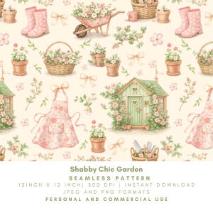 Shabby Chic Garden Seamless Pattern, Cottagecore Floral Digital Paper, Pink Green Gardening Pattern, Spring Design