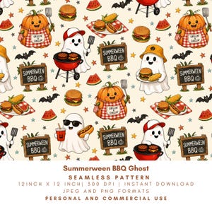 May include: Seamless pattern featuring cartoon ghosts, pumpkins, burgers, corn, watermelon, and bats. The ghosts are grilling and wearing hats. The pumpkins wear aprons and hold grilling tools. The text "Summerween BBQ" is on signs.