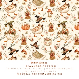 May include: A seamless pattern featuring whimsical geese adorned with witch hats and floral accents. Pumpkins, mushrooms, and floral bouquets are scattered across a cream-colored background. The pattern is 12 inches by 12 inches.