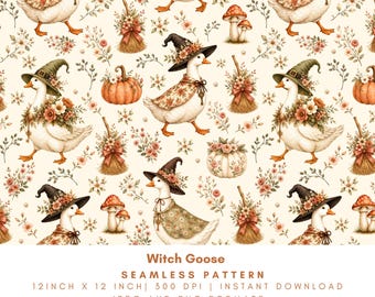 Motivo senza cuciture con strega e oca, carta digitale Cottagecore di Halloween con fiori, zucche e funghi, design accogliente per tessuti autunnali PNG JPG