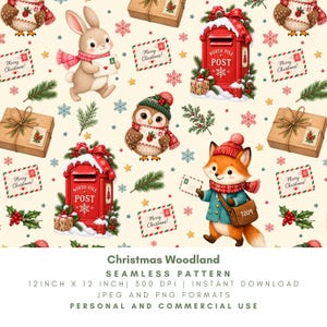 May include: A seamless pattern featuring a light cream background with illustrations of a rabbit, a fox, and owls wearing winter accessories, red North Pole post boxes, brown gift boxes, holly sprigs, and envelopes labeled Merry Christmas.