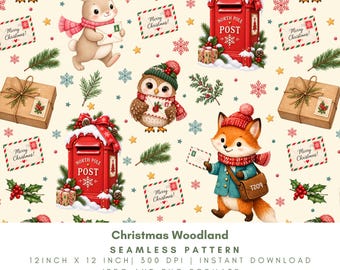 Christmas Woodland Seamless Pattern, Forest Animals, North Pole Post Office, Holiday Digital Paper, Pattern PNG JPG