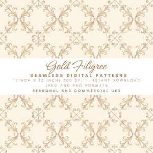 Gold Filigree Seamless Pattern, Vintage Ornate Scrollwork, Elegant Beige Digital Paper, Luxury Fabric Print, Classic Damask Style
