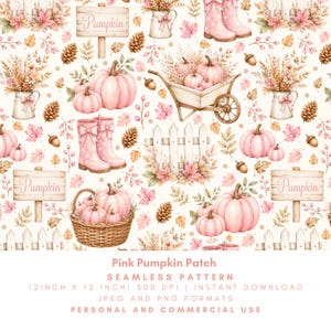 May include: A seamless pattern featuring pink pumpkins, wooden signs labeled Pumpkin, wicker baskets, white picket fences, floral arrangements in pitchers, and polka-dot rain boots, all accented with autumn leaves, pinecones, and acorns.