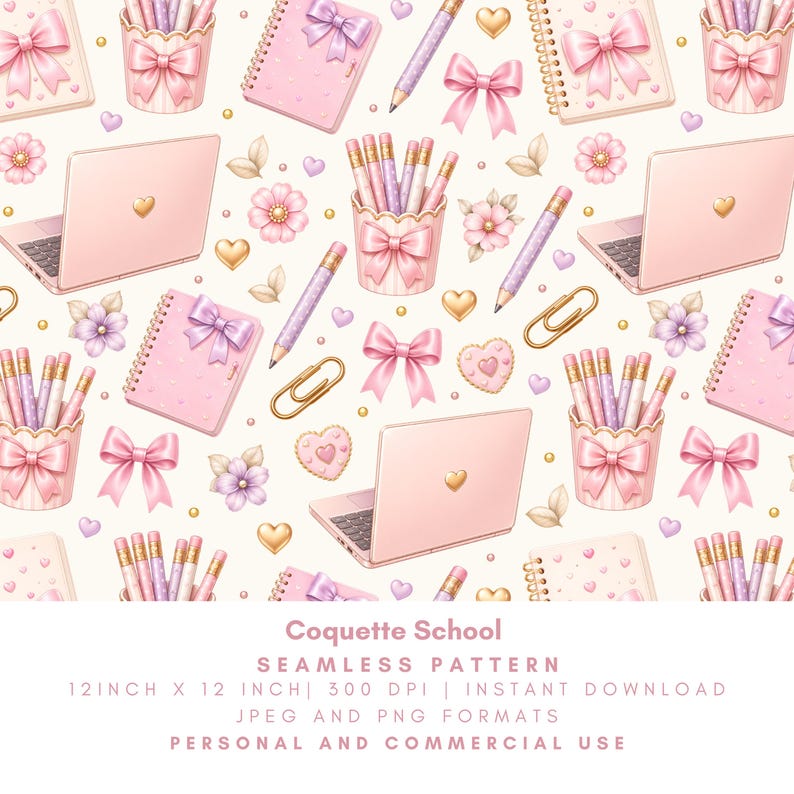 Coquette school seamless pattern digital paper featuring pink notebooks with bows, pastel pencils, pencil cups, mini laptops, gold paper clips, hearts, flowers and beige leaves on a cream background. Cute back to school PNG and JPG design for stationery, scrapbooking, fabric, classroom decor and digital crafts.