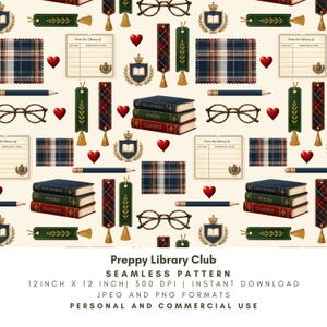 May include: A seamless pattern featuring stacks of books labeled Old Stories, Poems, and Classics, alongside library cards, plaid fabric squares, gold-rimmed glasses, pencils, red hearts, and green bookmarks with gold tassels on a cream background.
