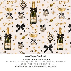 Puede incluir: Un patrón continuo con botellas de champán etiquetadas como Belmonte, copas de martini con aceitunas, bolas de discoteca y lazos negros sobre un fondo claro. Cintas doradas, confeti y formas de estrellas decoran este diseño festivo.