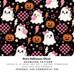 May include: A seamless pattern on a black background featuring white ghosts with pink bows, orange jack-o'-lanterns, pink chequered hearts, and lightning bolts. Text reads: Retro Halloween Ghost, SEAMLESS PATTERN, 12 INCH X 12 INCH, 300 DPI, INSTANT DOWNLOAD, JPEG AND PNG FORMATS, PERSONAL AND COMMERCIAL USE.