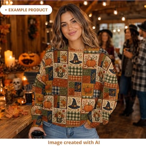 Woman wearing an autumn Halloween patchwork sweatshirt featuring pumpkins, witch hats, floral mugs, plaid blocks, leaves, stars and crescent moons in burnt orange, navy, olive green, cream and mustard. She stands at a cozy seasonal party with pumpkins, candles, fall leaves and warm lights. Example product mockup created with AI.