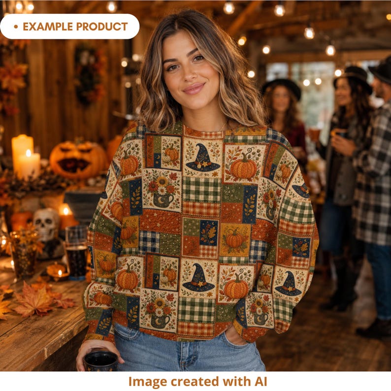 Woman wearing an autumn Halloween patchwork sweatshirt featuring pumpkins, witch hats, floral mugs, plaid blocks, leaves, stars and crescent moons in burnt orange, navy, olive green, cream and mustard. She stands at a cozy seasonal party with pumpkins, candles, fall leaves and warm lights. Example product mockup created with AI.