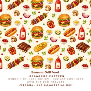 Summer Grill Food Seamless Pattern, BBQ Burger Hot Dog Corn Kebab Digital Paper, Barbecue PNG JPG Commercial Use