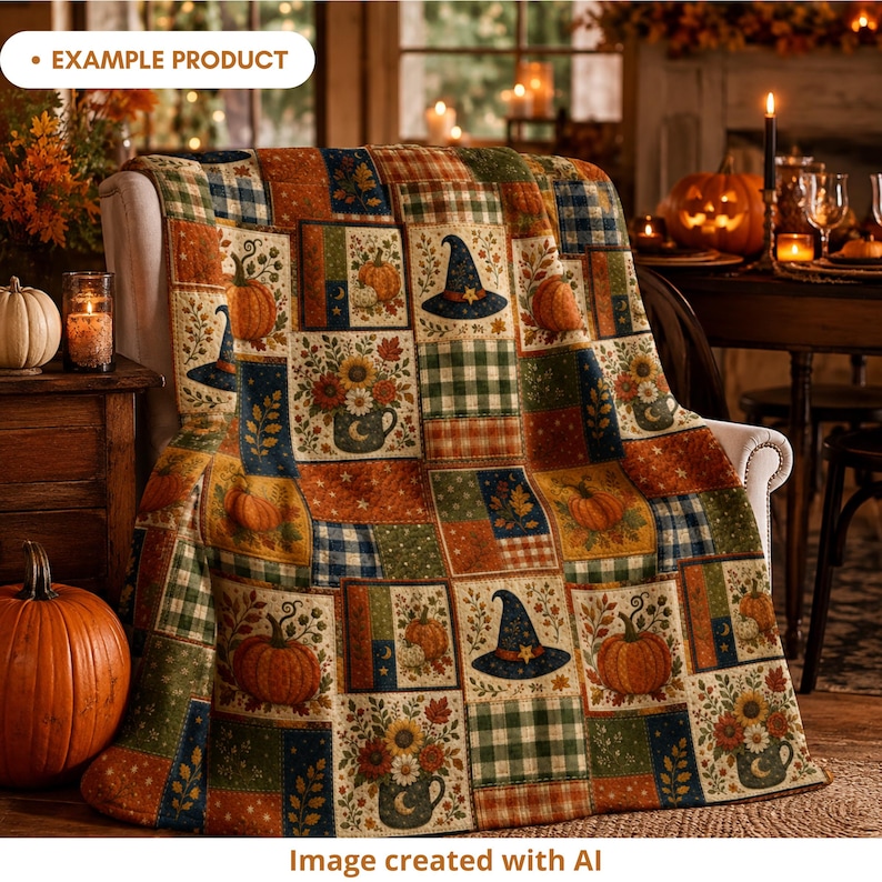 Autumn Halloween patchwork blanket mockup draped over a cozy armchair, featuring pumpkins, witch hats, floral mugs, plaid blocks, leaves, stars and crescent moons in burnt orange, navy, olive green, cream and mustard. Styled in a warm fall party setting with candles, pumpkins, rustic decor and seasonal lighting. Example product image created with AI.