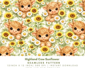 Highland Cow Sunflower Seamless Pattern, Cute Floral Farm Animal Digital Paper, Watercolor Daisy Repeat Design